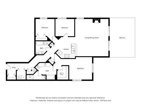 Floor plan for 3 beds, 2 baths, 1434 sqft